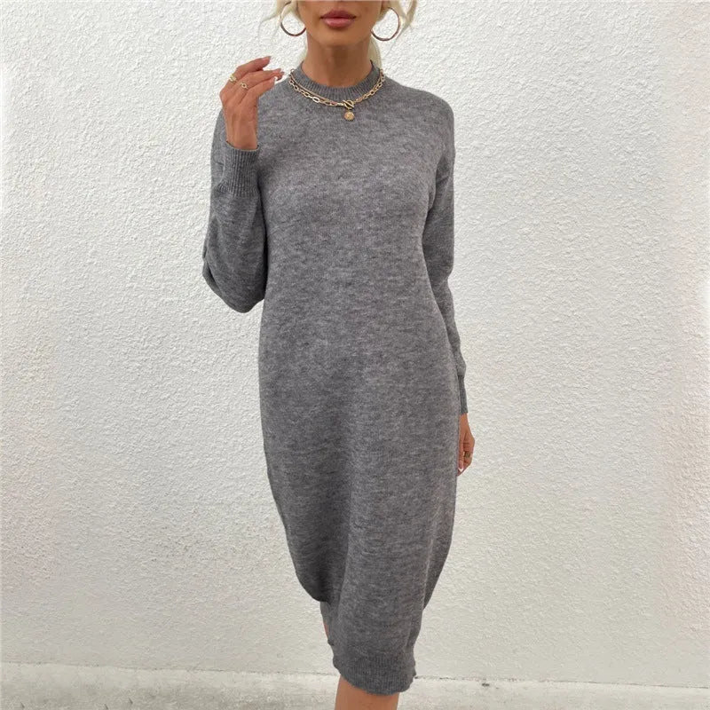 Women's grey acrylic crew neck casual sweater pullover with long sleeves.