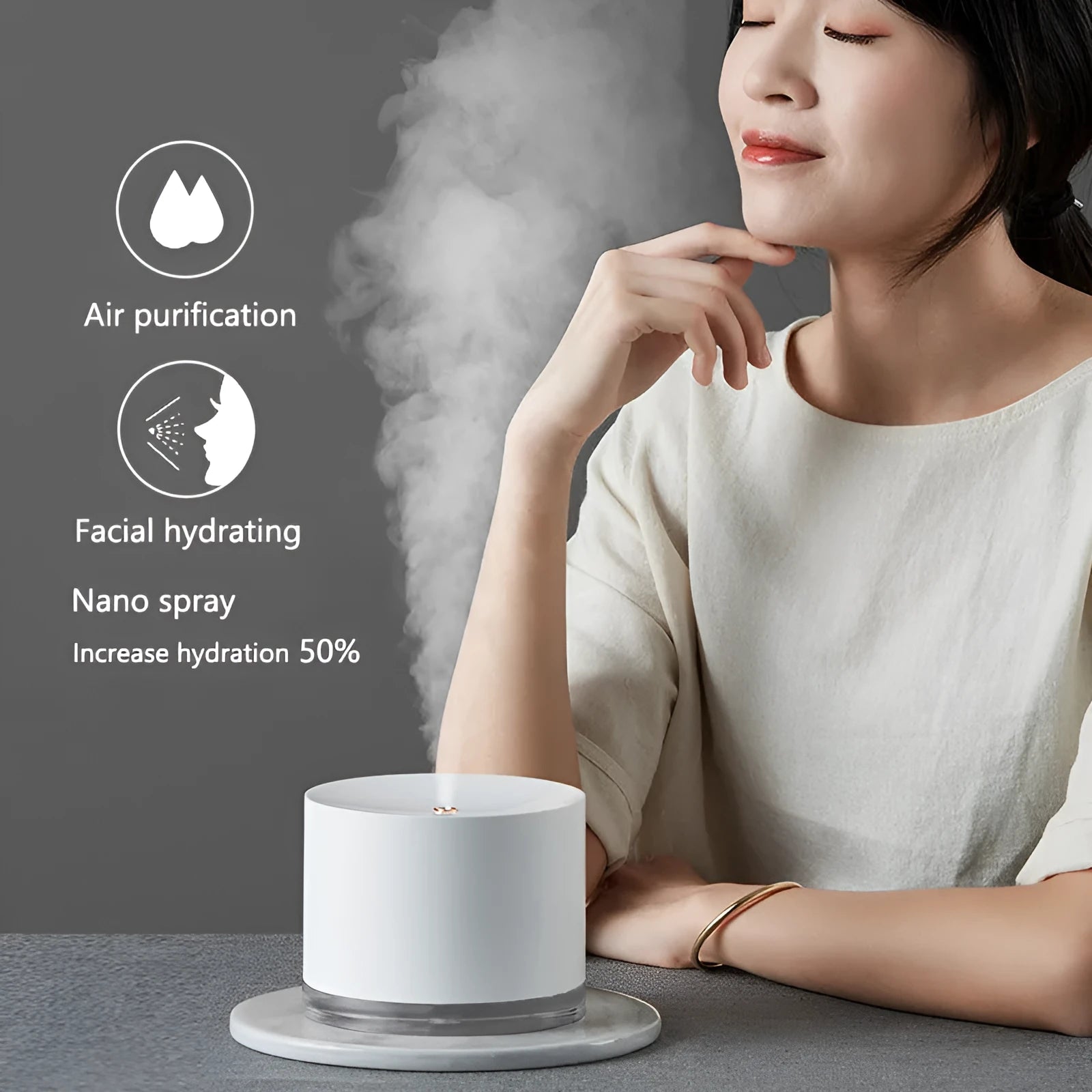 Wireless portable ultrasonic humidifier diffuser with 780ml tank in white, includes filters