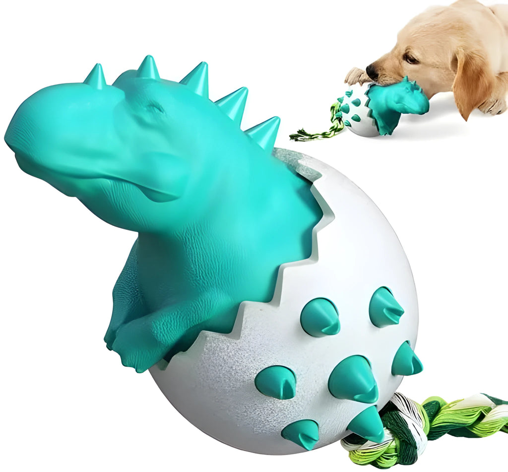 Blue durable rubber dino dog chew toy with attached nylon rope for aggressive chewers.
