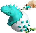 Blue durable rubber dino dog chew toy with attached nylon rope for aggressive chewers.