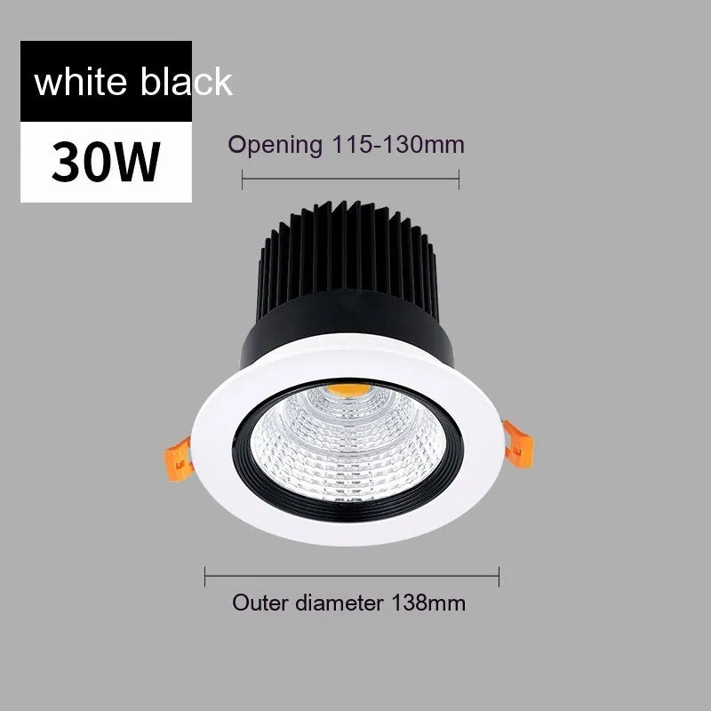 LED embedded ceiling spotlight with aluminium housing showing three colour temperature options and hole size measurements