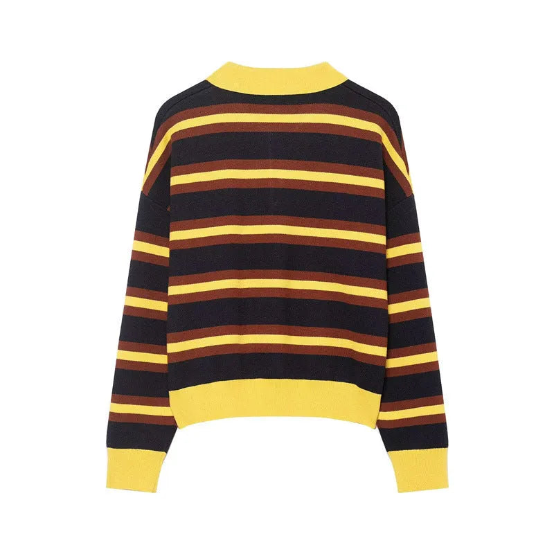 Women's striped polo collar knitted sweater in picture colour with contrast stitching and long sleeves