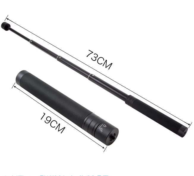 Black retractable selfie stick with extended aluminium pole and Bluetooth remote, holding a smartphone.