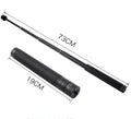 Black retractable selfie stick with extended aluminium pole and Bluetooth remote, holding a smartphone.