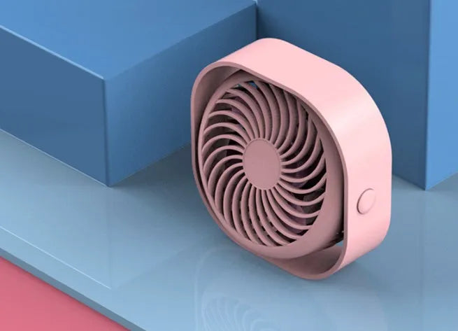 USB charging desk fan with alarm clock in blue, showing 360-degree rotation.