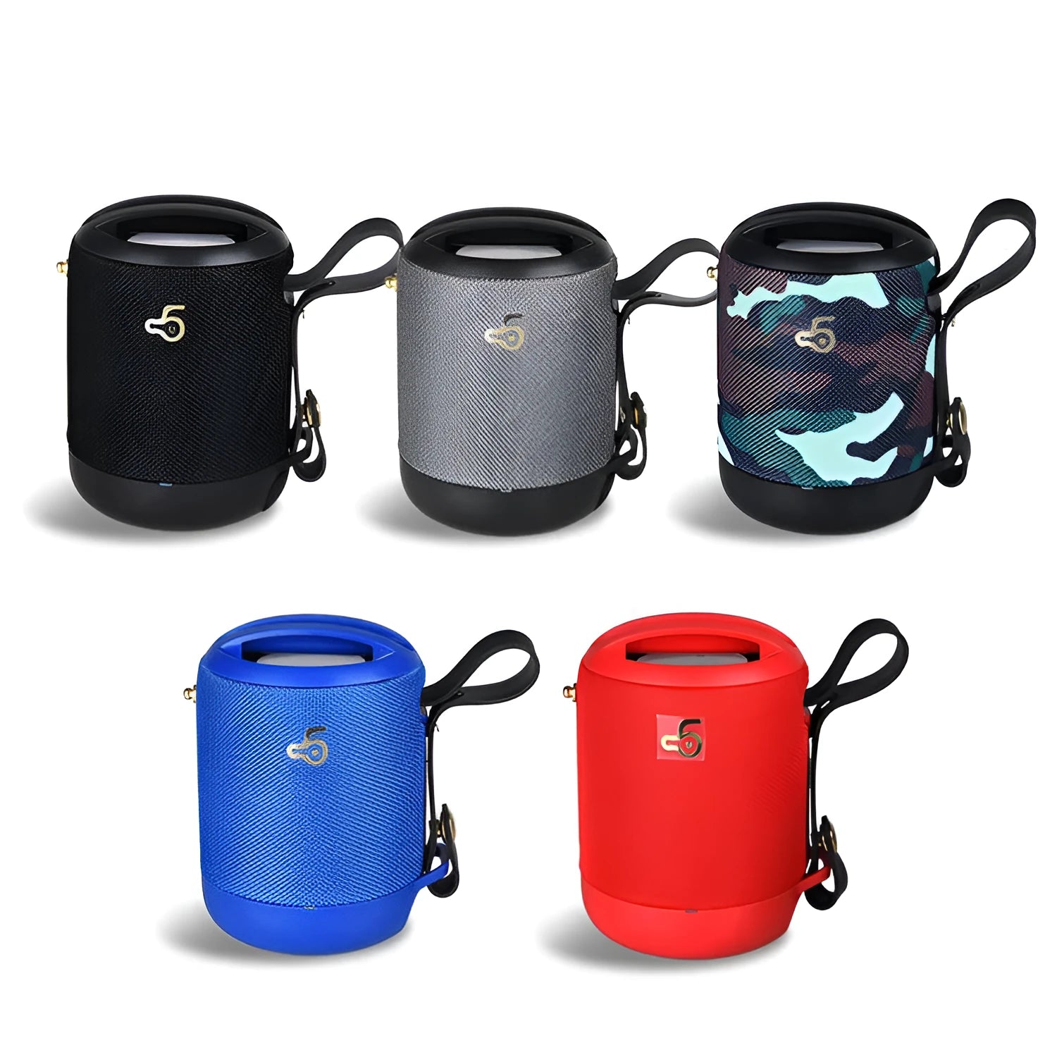 Compact black waterproof bluetooth speaker with portable belt on a table