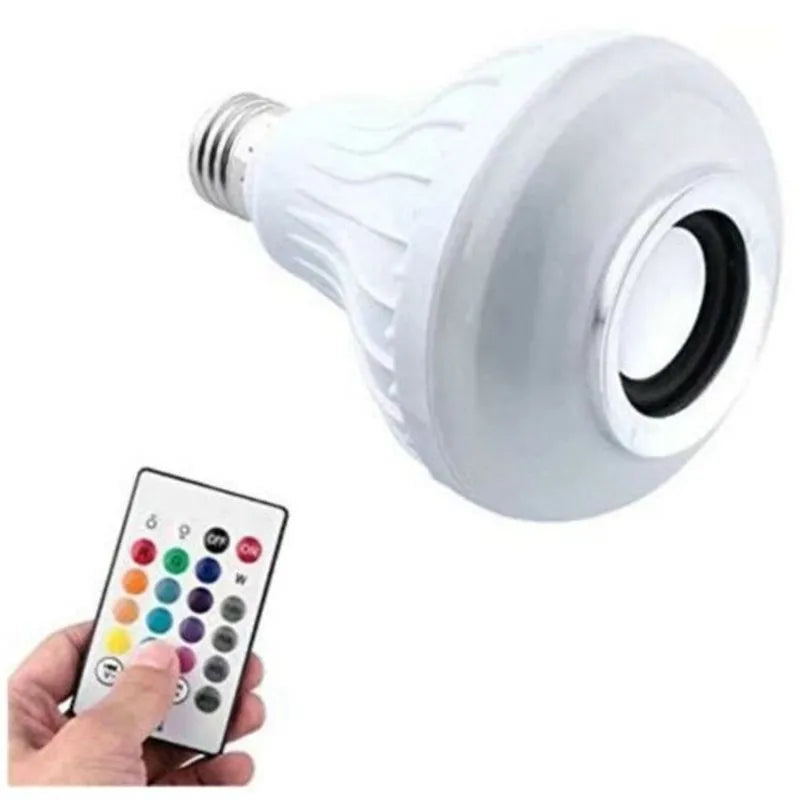 White smart LED bulb with E27 base featuring built-in Bluetooth speaker and 16-colour RGB lighting