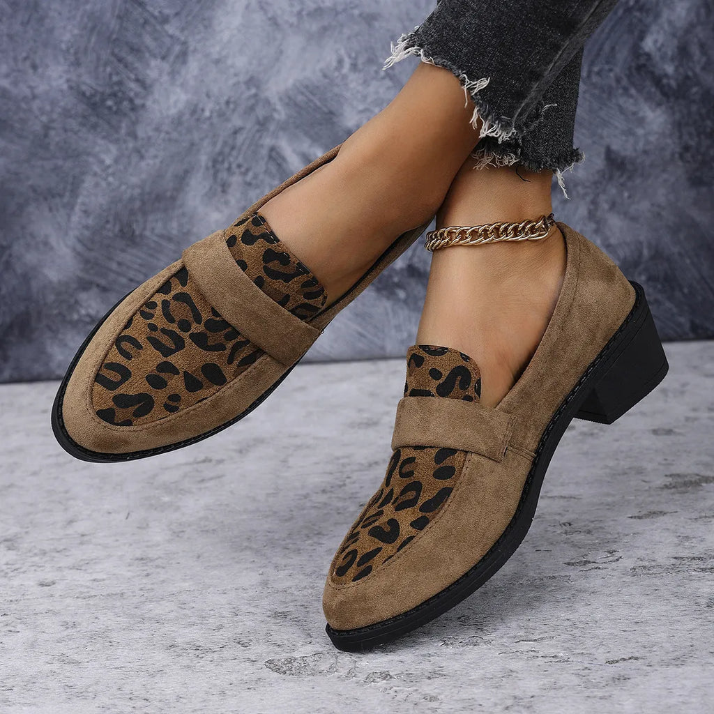 Leopard print slip-on suede pumps with chunky mid heel and pointed toe in pink colour