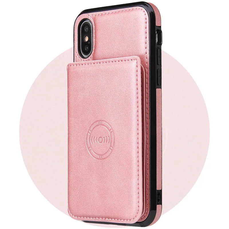 Imitation leather card wallet phone case for iPhone in solid colours like black and blue, showing card slot.