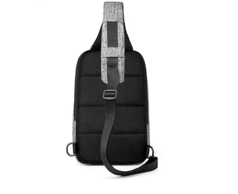 Dark blue Oxford cloth chest bag with zipper and adjustable strap, shown front-on.