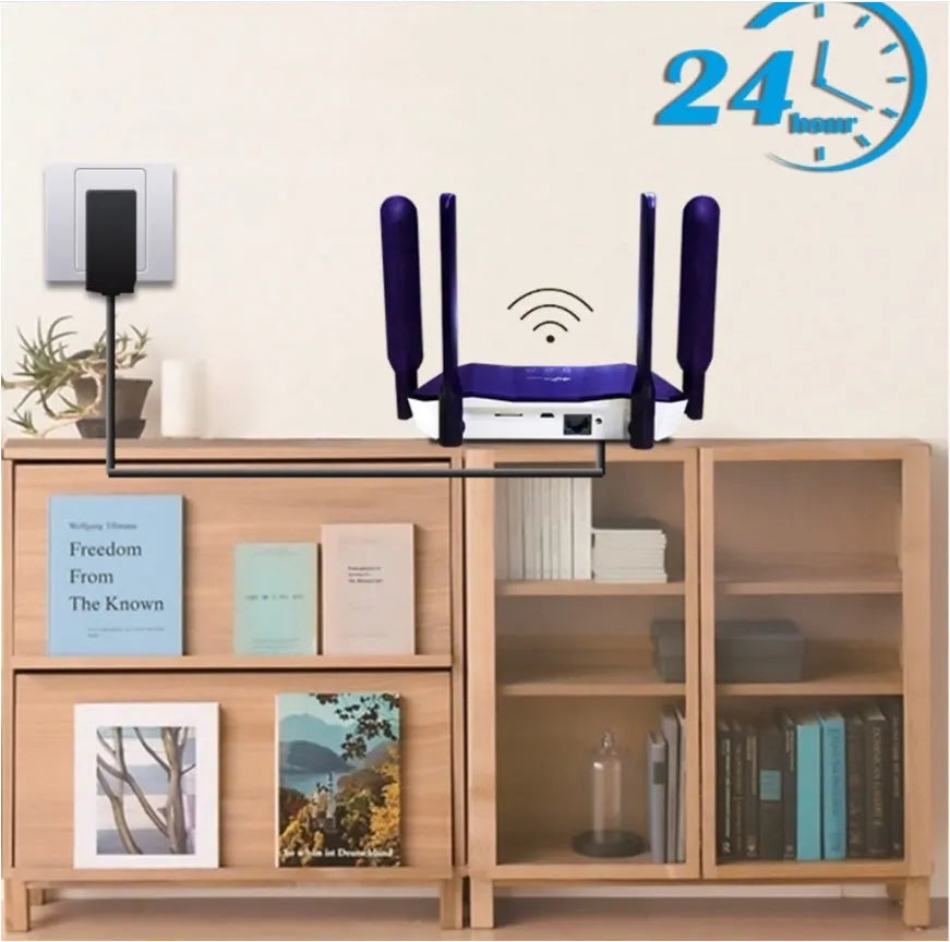 Blue 4G dual-mode wireless router with four external antennas.