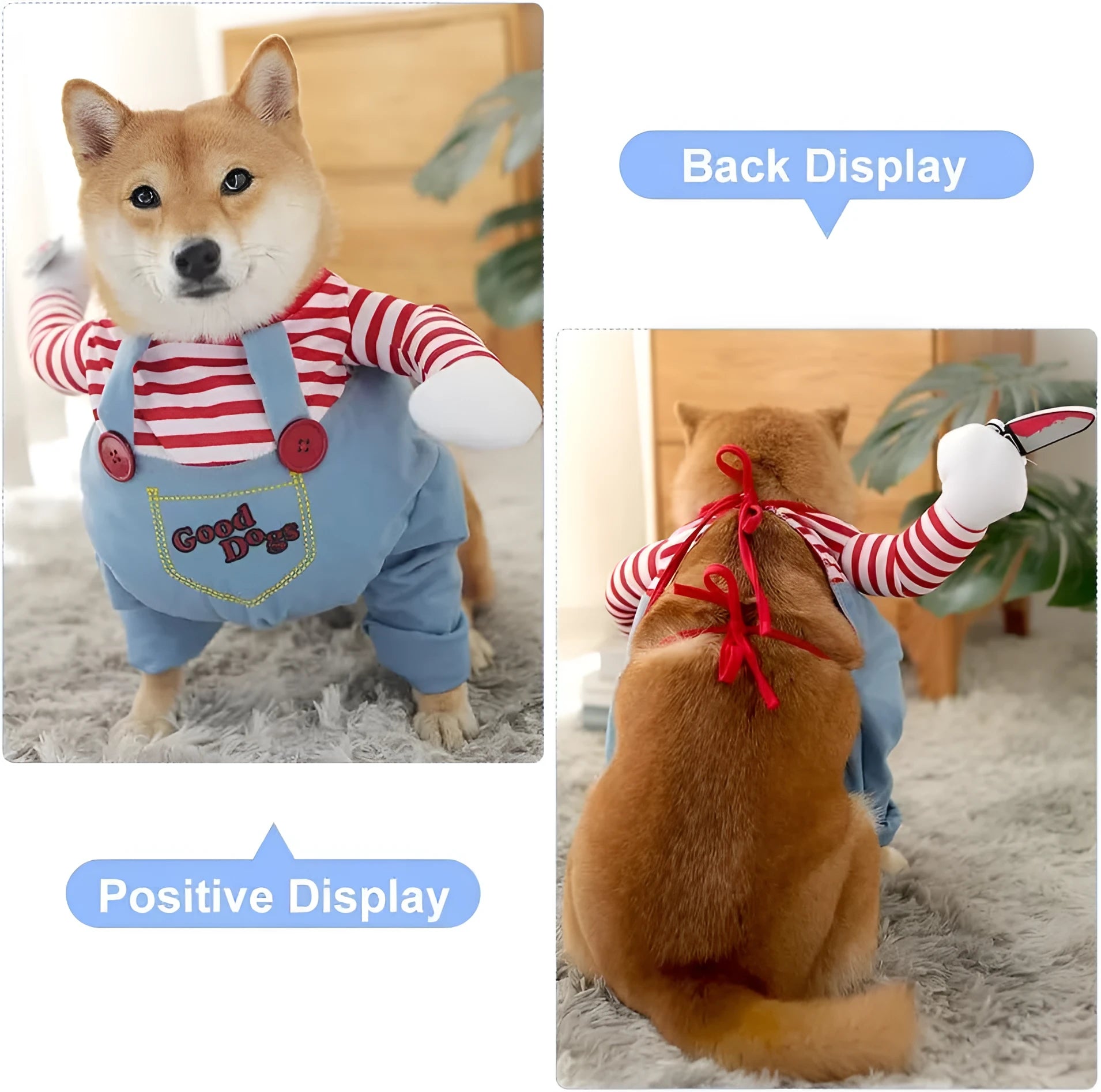 Striped Halloween harness pants costume set for dogs and cats with knife accessory