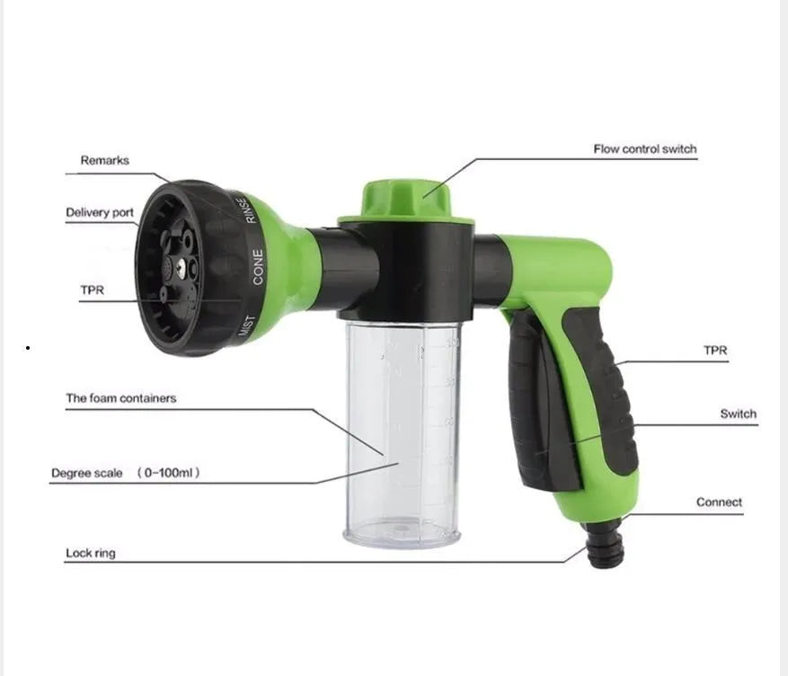 Green high-pressure foam spray gun for car washing with adjustable nozzle and attached water pipe.