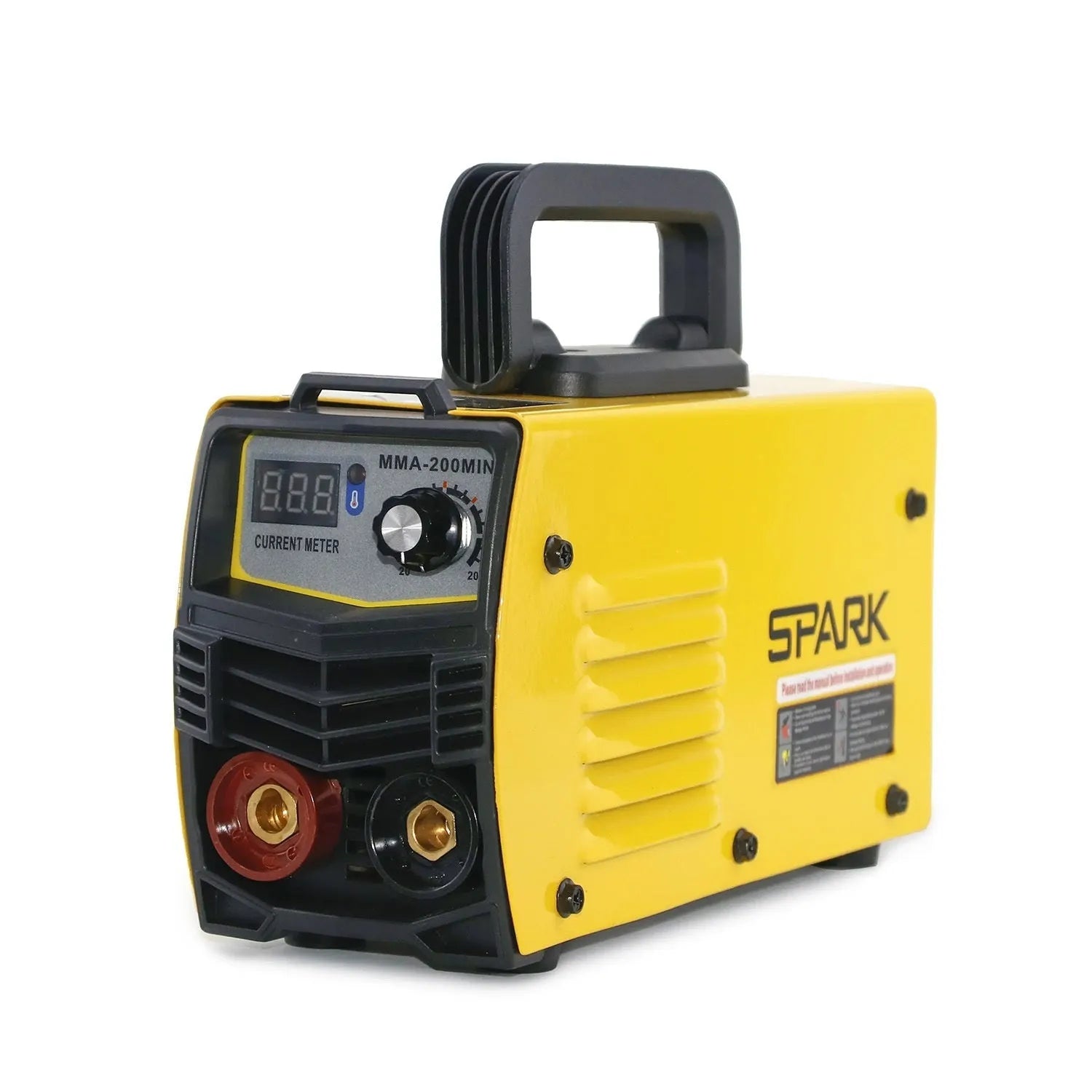 MMA-200MIN compact 220 volt DC inverter stick welding machine with electrode holder and face shield on a workbench.