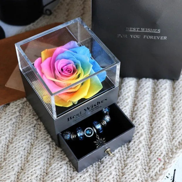 Eternal flower gift box with artificial roses, measuring 8.5cm wide and 10.5cm high