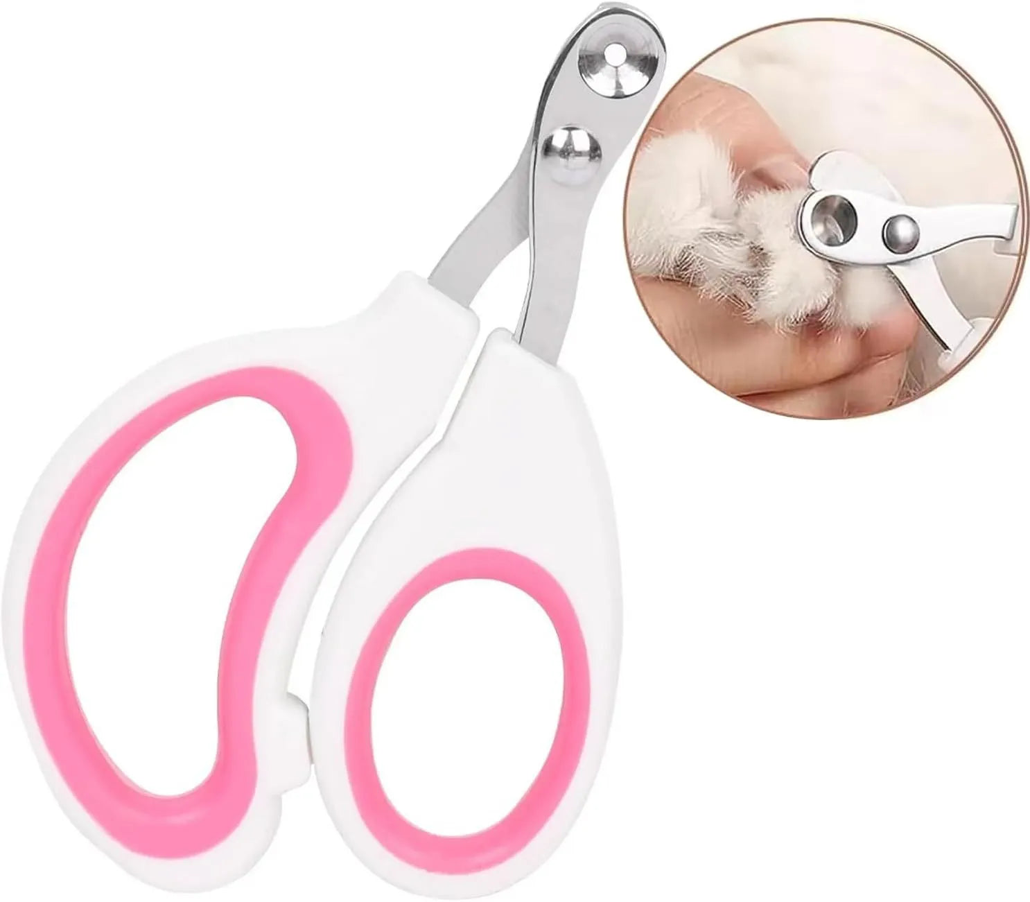 Blue pet nail clippers with circular cut hole and non-slip handles on a white background.