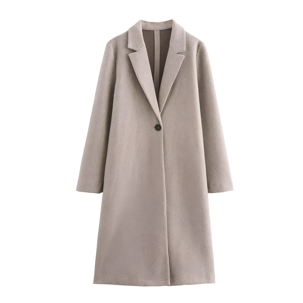 Women's solid colour polyester jacket in khaki, regular fit, long sleeves, street fashion style.