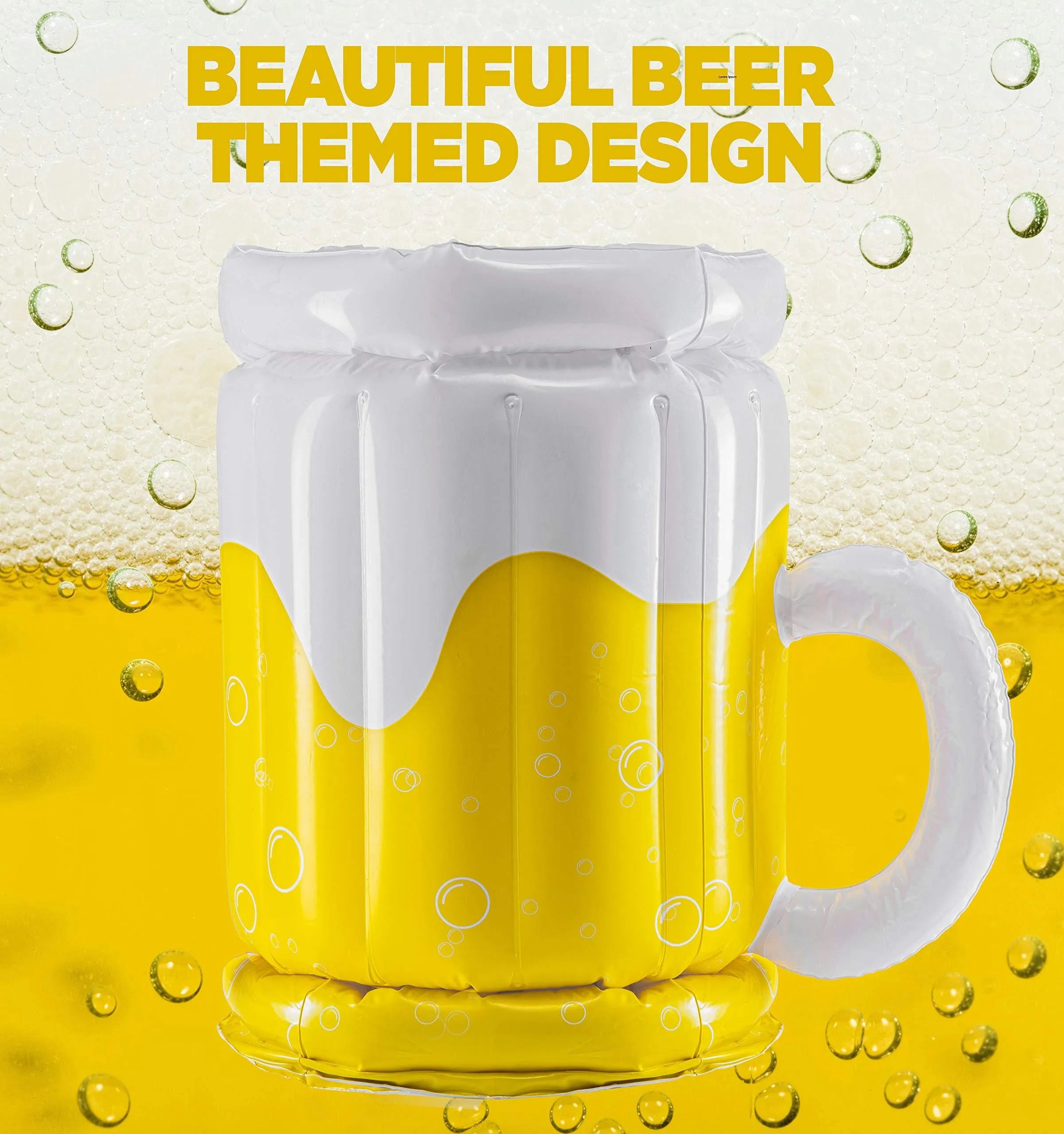 Yellow inflatable beer mug cooler floating in pool with drinks, showing 44cm height