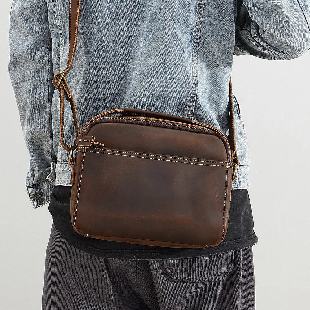 Men's first-layer cowhide leather single-shoulder crossbody bag in Brown 209 with solid colour finish