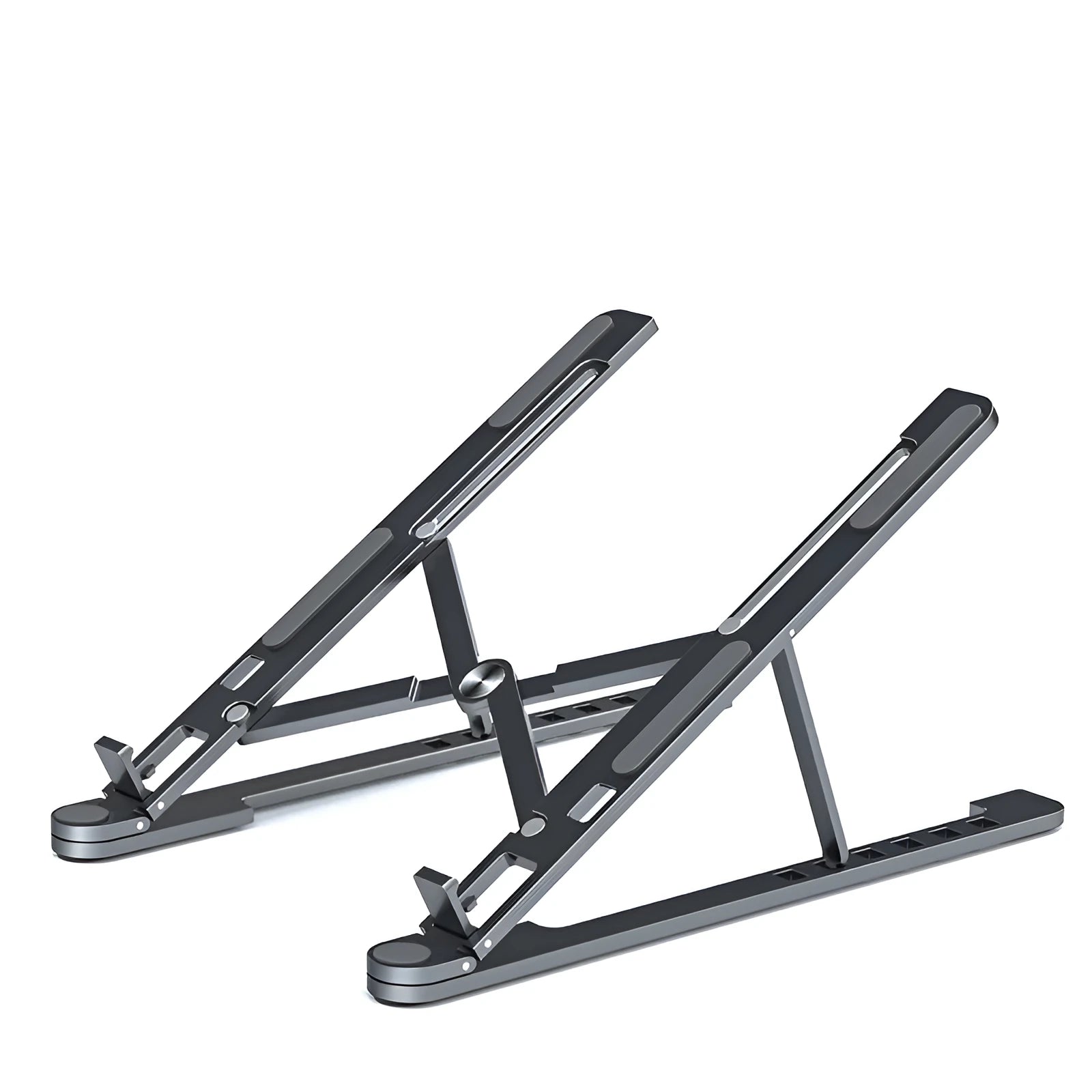 Silver aluminium folding laptop stand adjusted to medium height with a laptop in place.