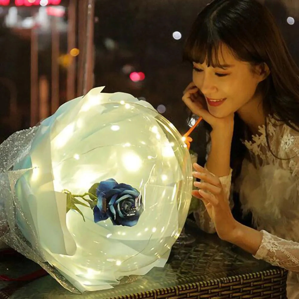DIY LED luminous balloon rose bouquet set with transparent Bobo balls and LED lights on artificial flowers