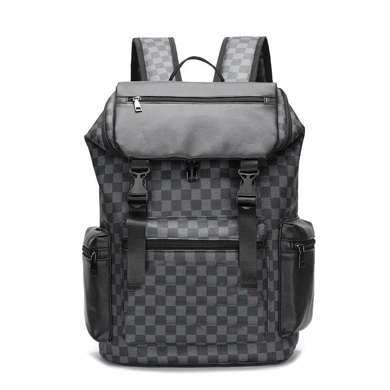 Korean style checkered pattern PU leather backpack with curved shoulder straps