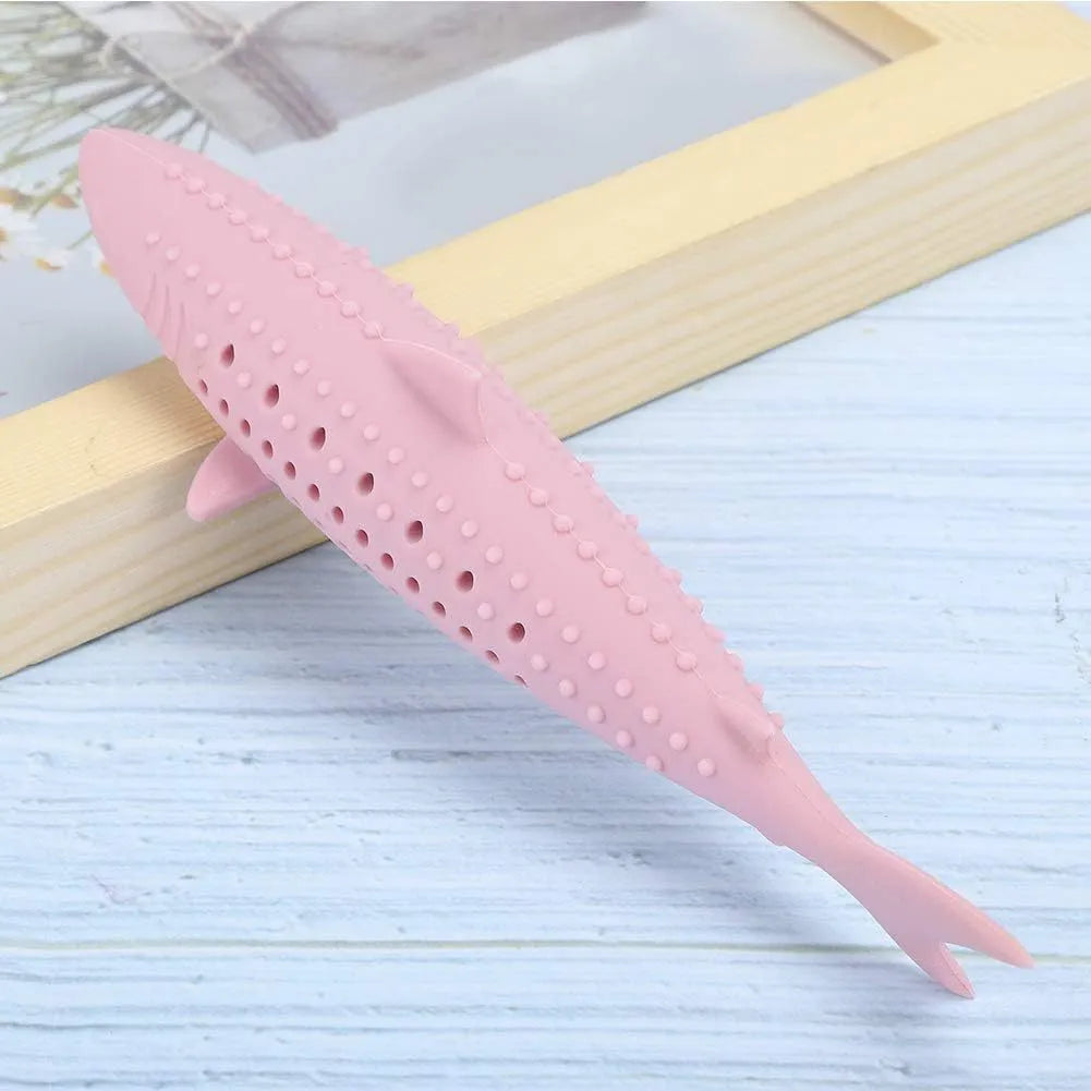 Green silicone fish-shaped chew toy for cats on a white background.