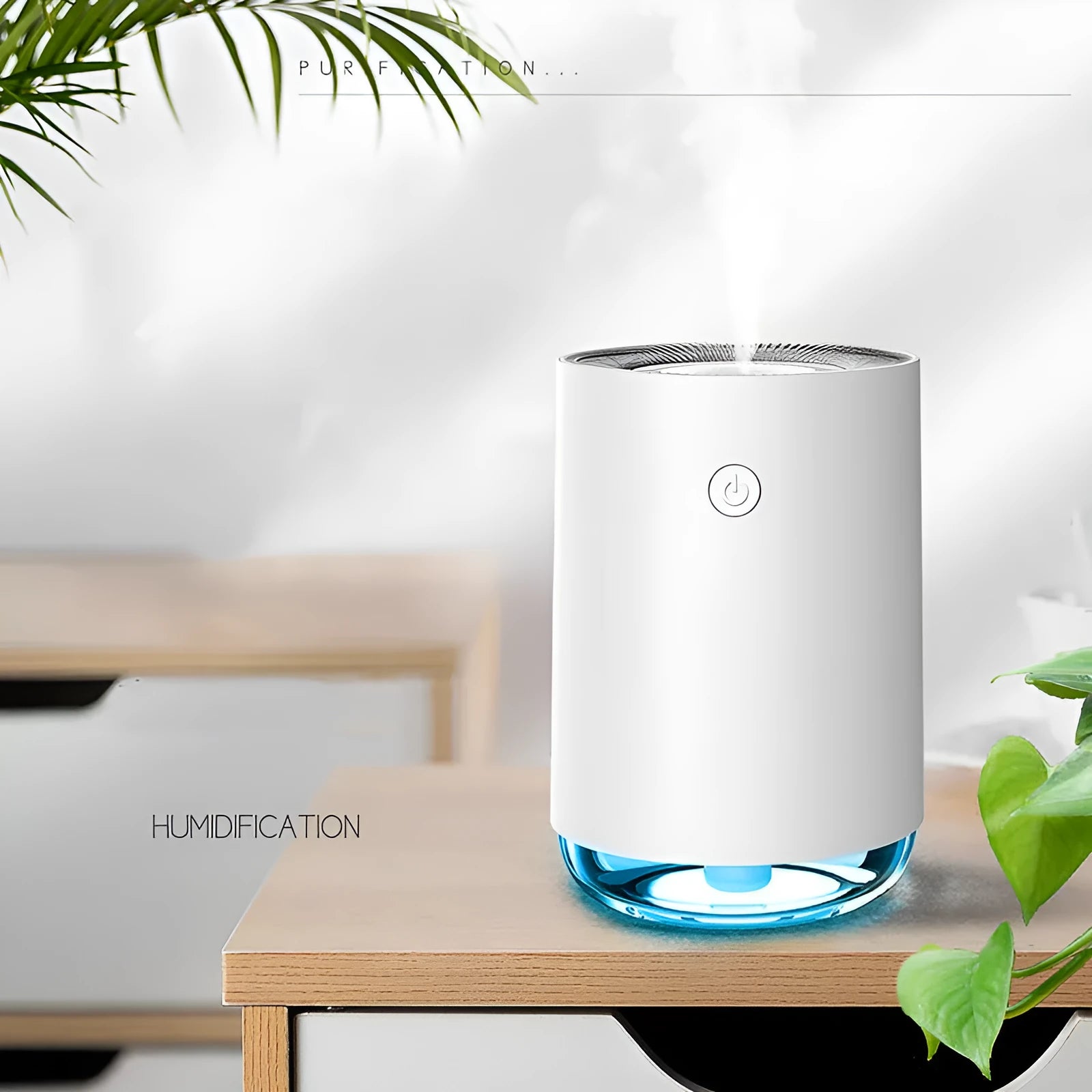 Green USB rechargeable night light humidifier diffuser on table with charging cable