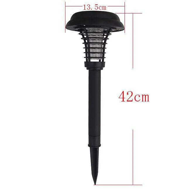 Black solar-powered garden insect lamp with white and UV purple light, 42cm tall.