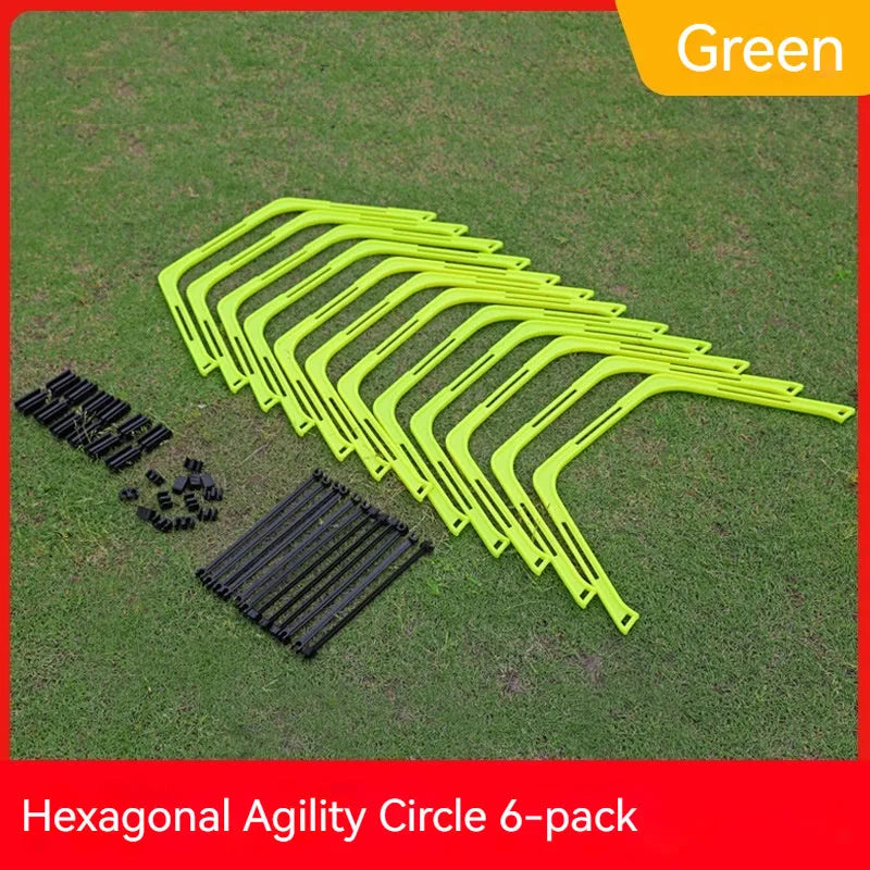 Set of six foldable hexagon football agility training rings in yellow, green, and orange colours.