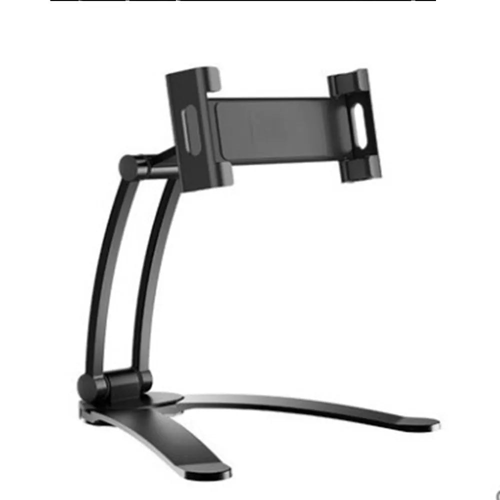 Silver aluminium alloy desktop tablet stand with adjustable black clips, holding a tablet.