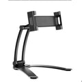 Silver aluminium alloy desktop tablet stand with adjustable black clips, holding a tablet.