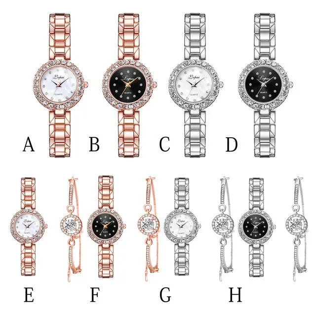 Ladies' alloy quartz watch set with optional bangle bracelet, 29mm case, rose gold or silver, black or white dial