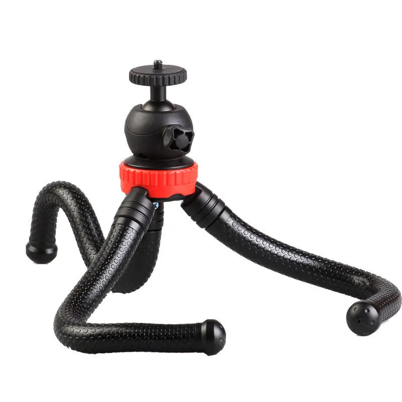 Black octopus tripod with flexible legs and spherical gimbal ball head for cameras and smartphones