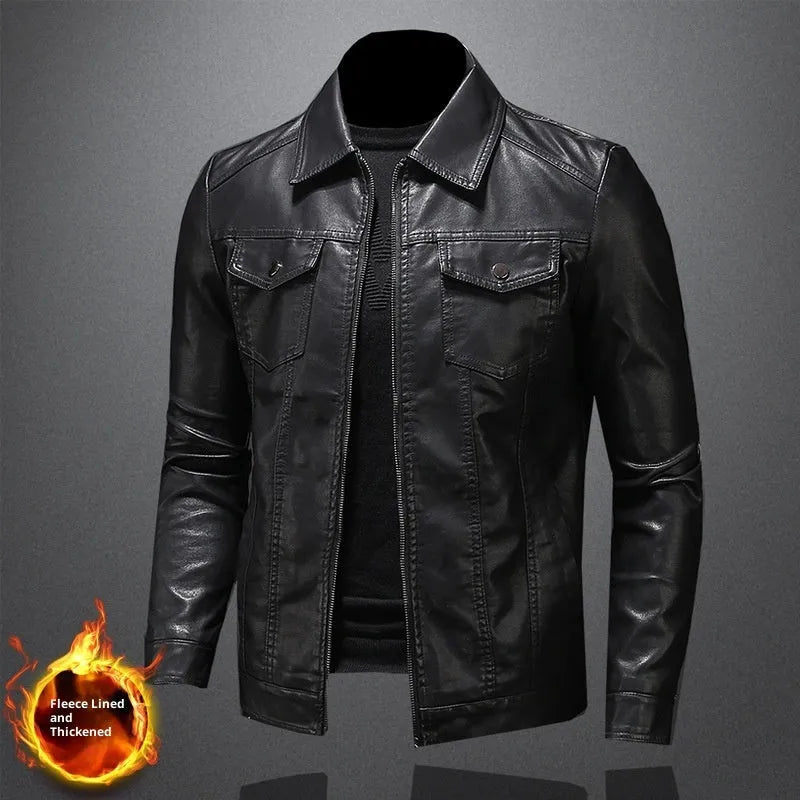 Men's thin artificial leather jacket in Black Plus Velvet with loose fit and straight hem, standing front view