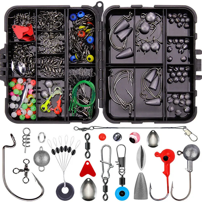 Weihe orange and black boxes containing 257 pieces of fishing lure hooks and accessories