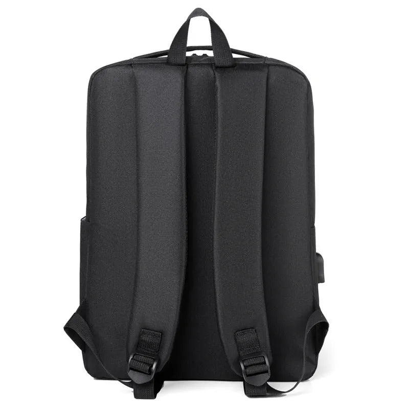 Men's black waterproof Oxford cloth business backpack with curved straps and laptop compartment