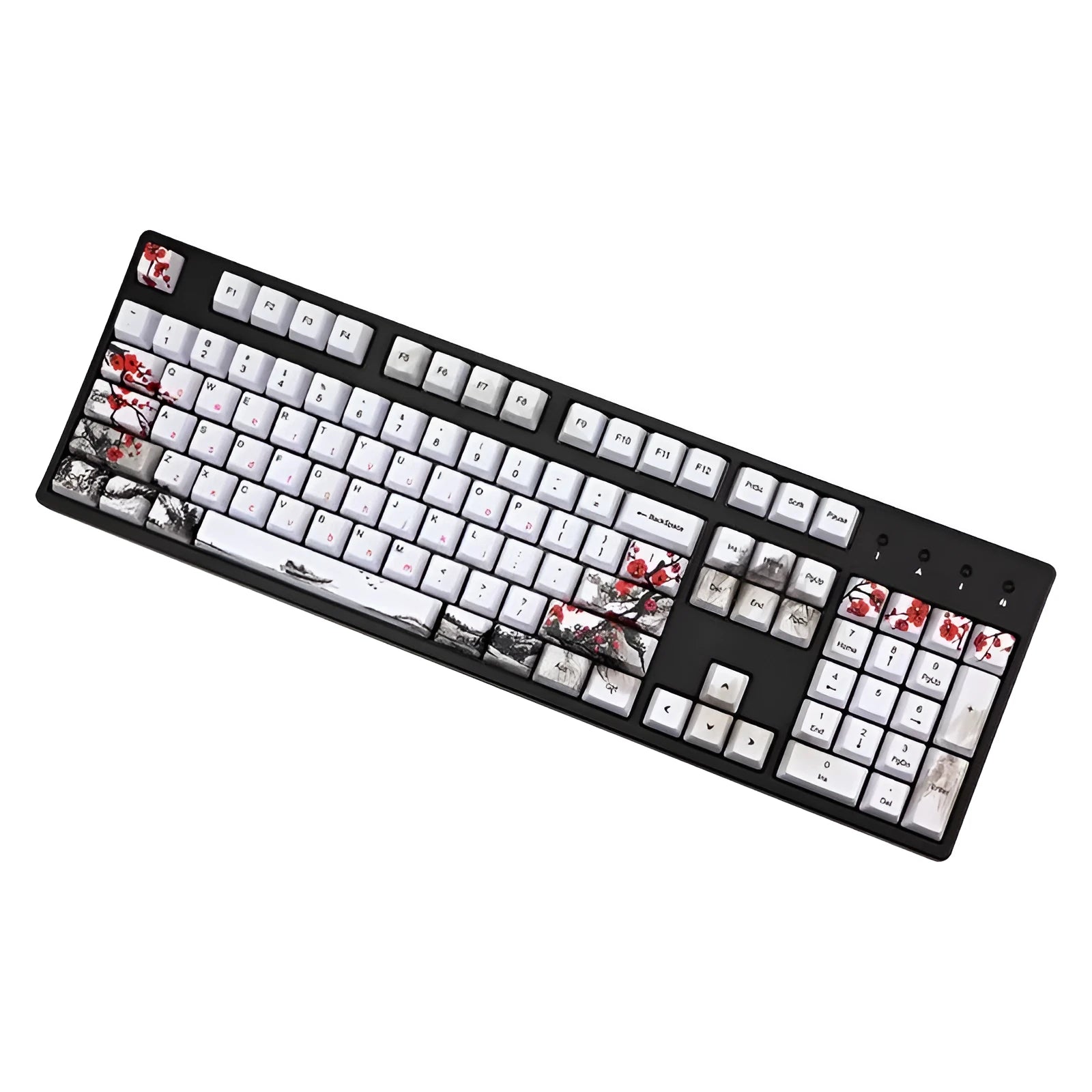PBT Wangjiang plum blossom themed 109-key keycap set for mechanical keyboards, showing Korean and Japanese legends.