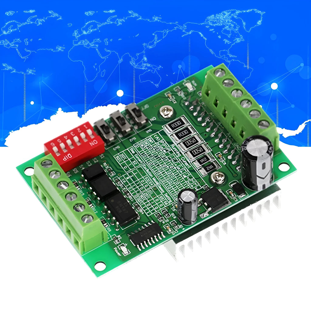 TB6560 stepper motor driver module on a green PCB with aluminium heatsink and screw terminals.