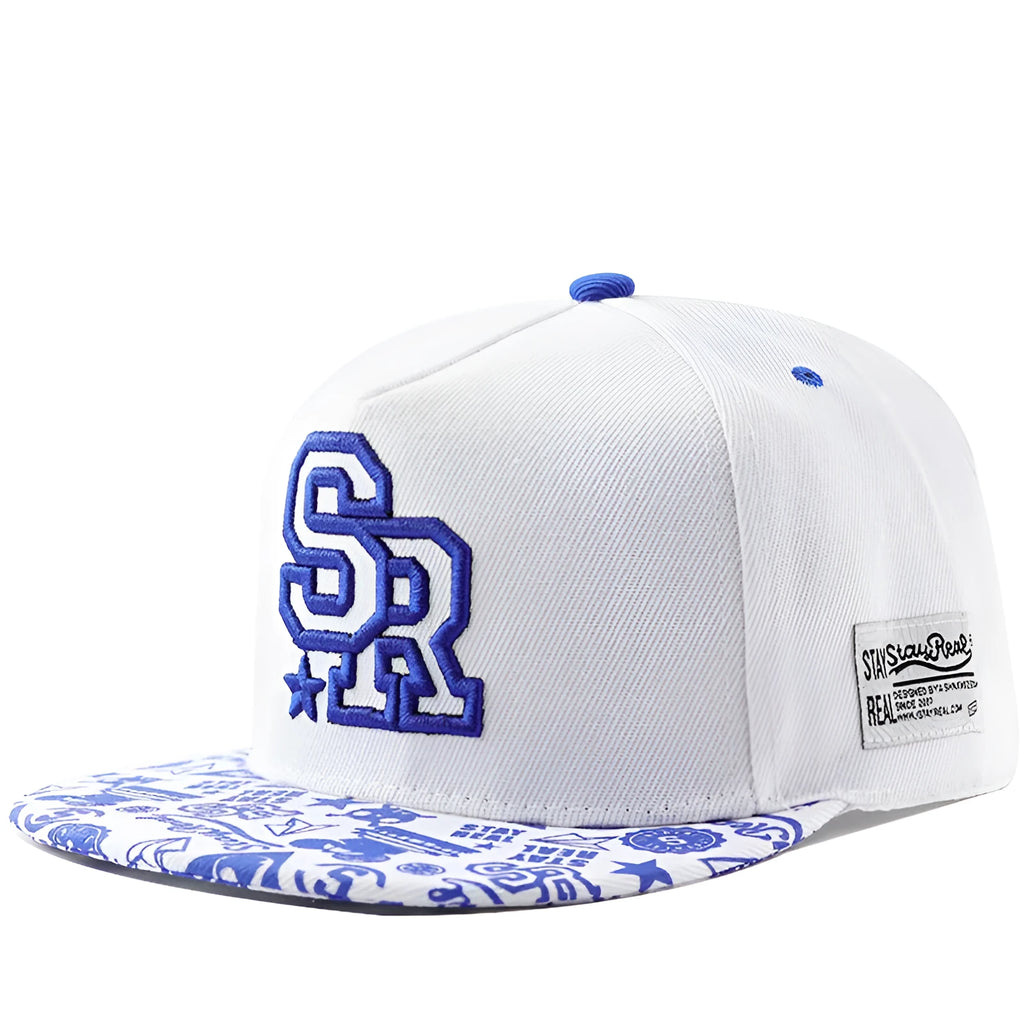 Adjustable black cotton baseball cap with white letter embroidery on the front, showing dome crown shape.