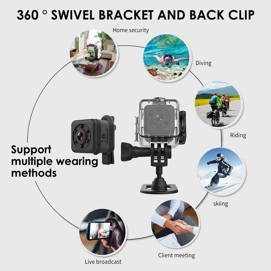 SQ29 black waterproof sports camera showing front view with lens.