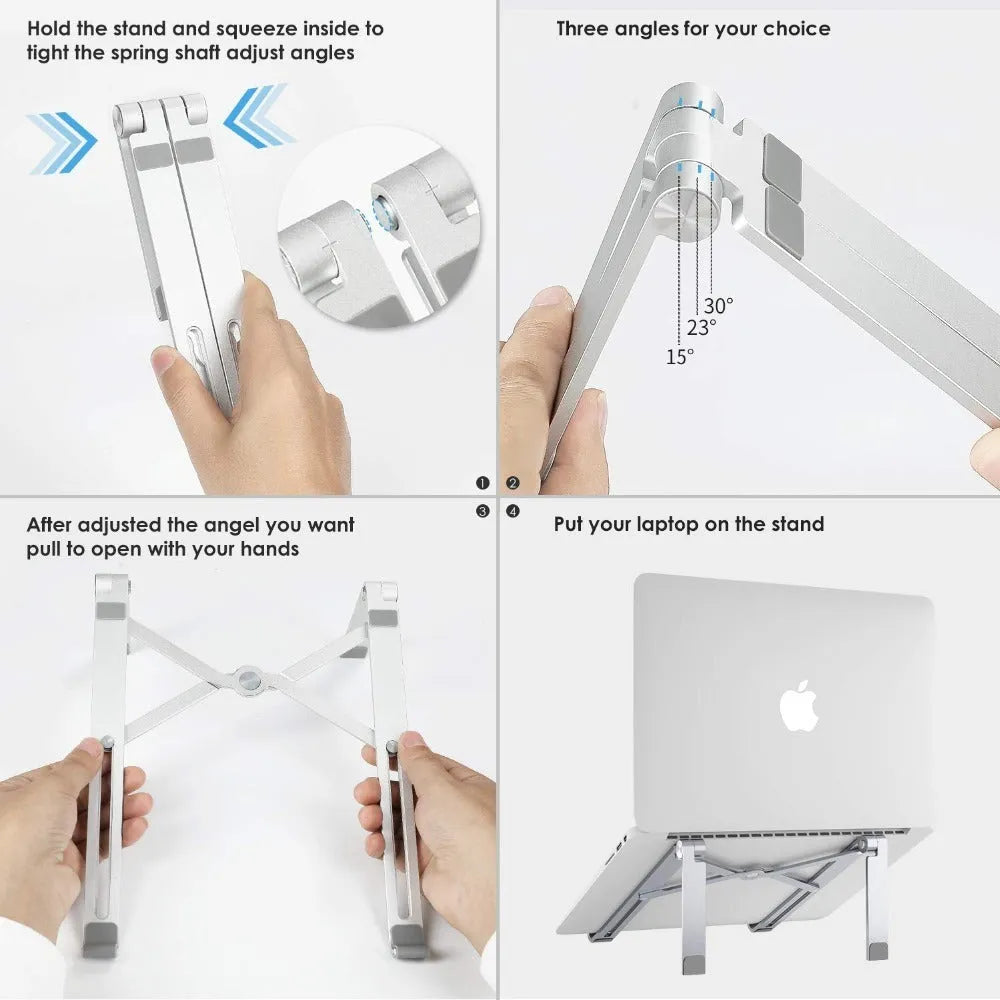 Black aluminium adjustable notebook stand for laptops on a desk.