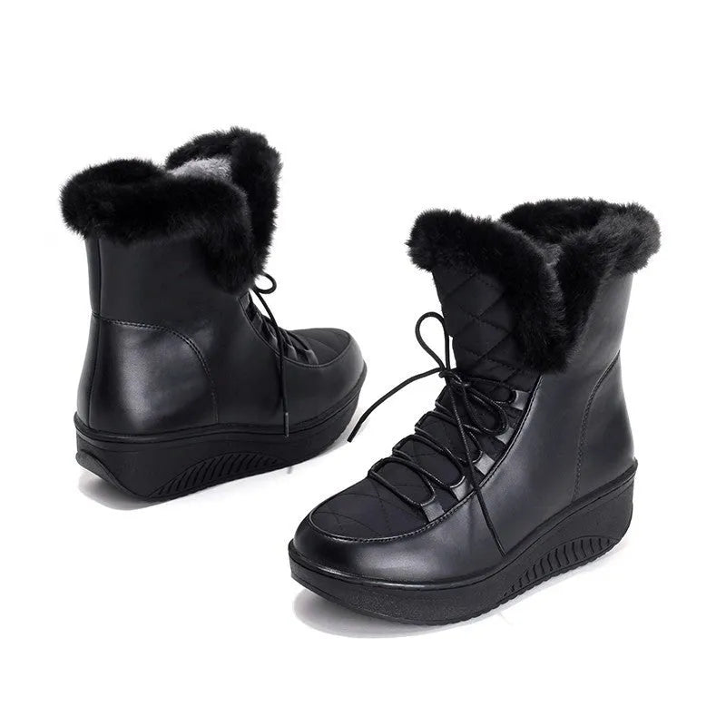 Women's black lace-up winter boots with a platform sole and plush lining.