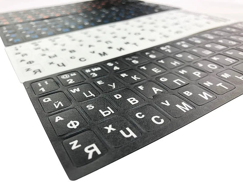Russian keyboard stickers sheet, 11mm x 13mm per key, white characters on black background, 6.5 x 18cm
