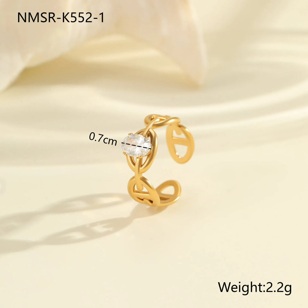 Geometric stainless steel open-mouth zircon ring for women in a silver tone.