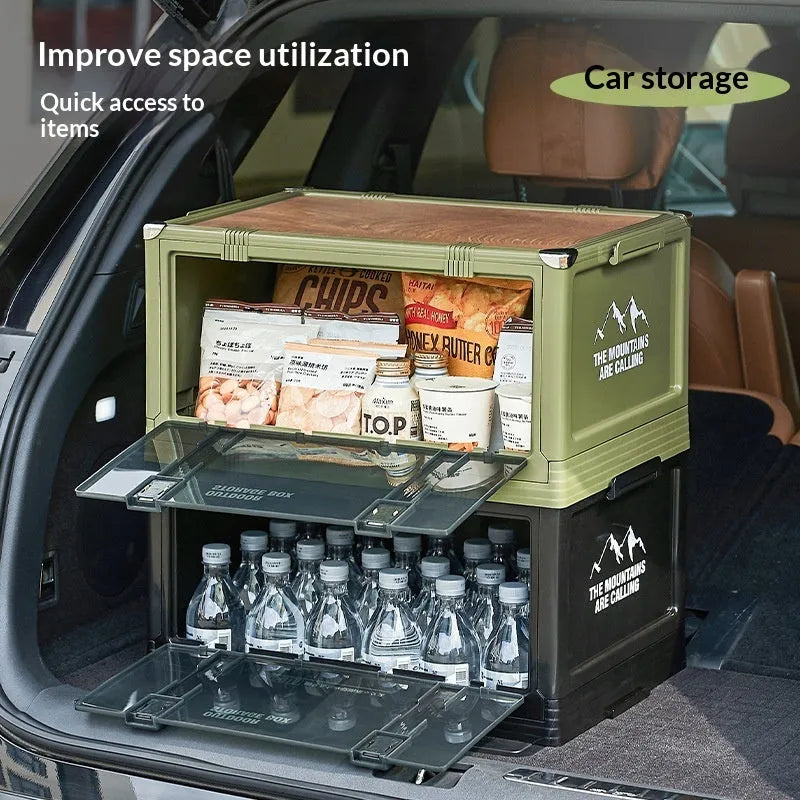 Outdoor camping folding plastic storage box with wooden lid in cream white for car trunk organisation