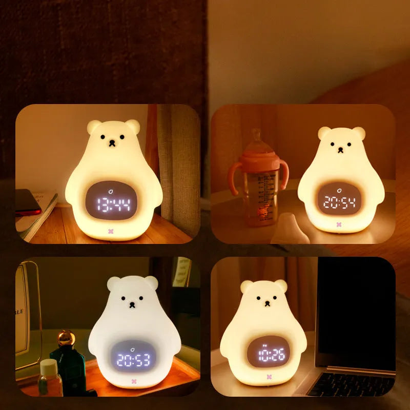 White silicone bear-shaped night light with remote control on a bedside table.