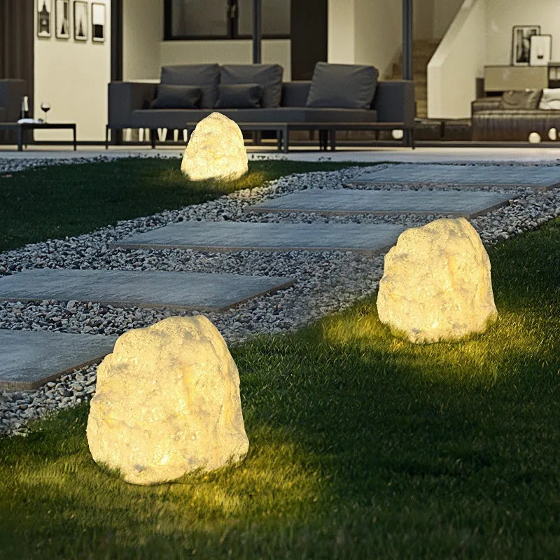 Outdoor waterproof stone resin floor lamp with warm light, IP65 rated for garden or courtyard use