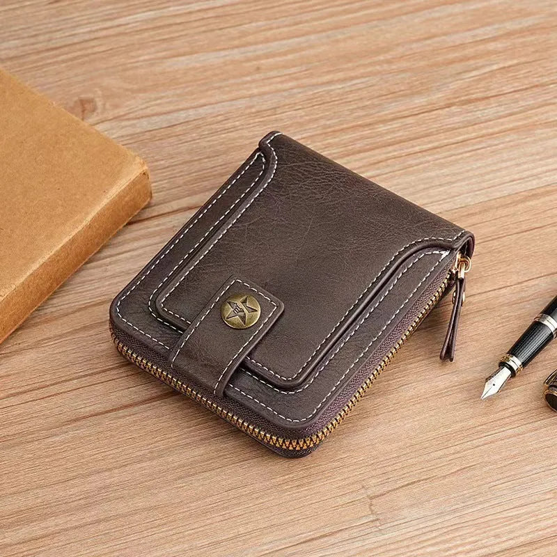 Men's short style two-fold PU wallet in black, deep brown, and shallow coffee colours.