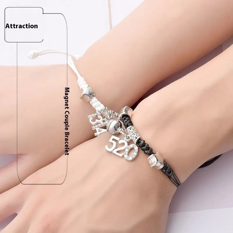 Magnet suction couple bracelets with alloy construction and various pendant designs including crowns and hearts